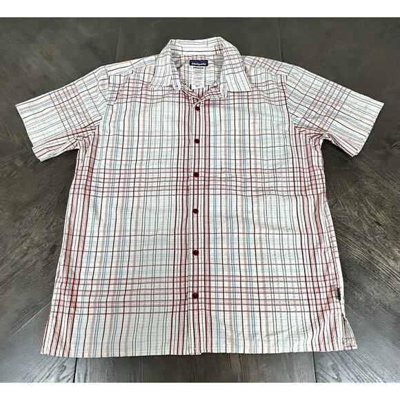 Patagonia Button Up Shirt Puckerware Seersucker Plaid Check Short Sleeve Large - Picture 2 of 11